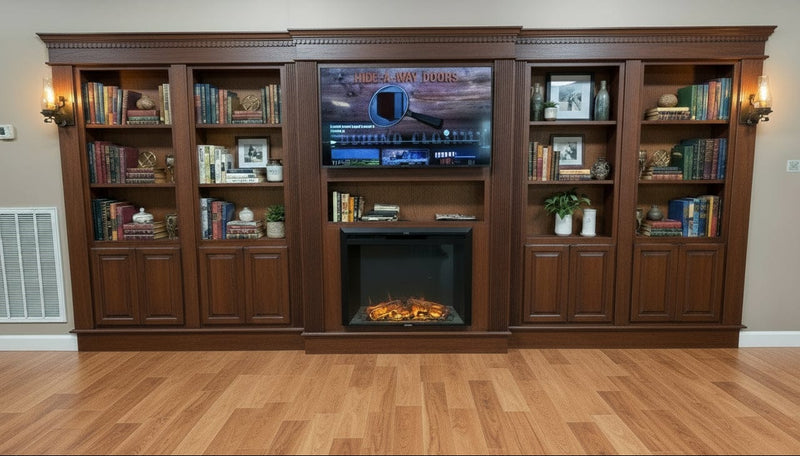 Hidden door wall unit with fireplace