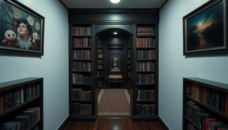 a bookcase with a secrete built in passage like what you would see in Scooby Doo or an old fasion mansion or in a spy movie