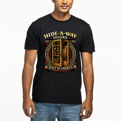 Person wearing a black t-shirt with 'Hide-A-Way Doors' graphic design.