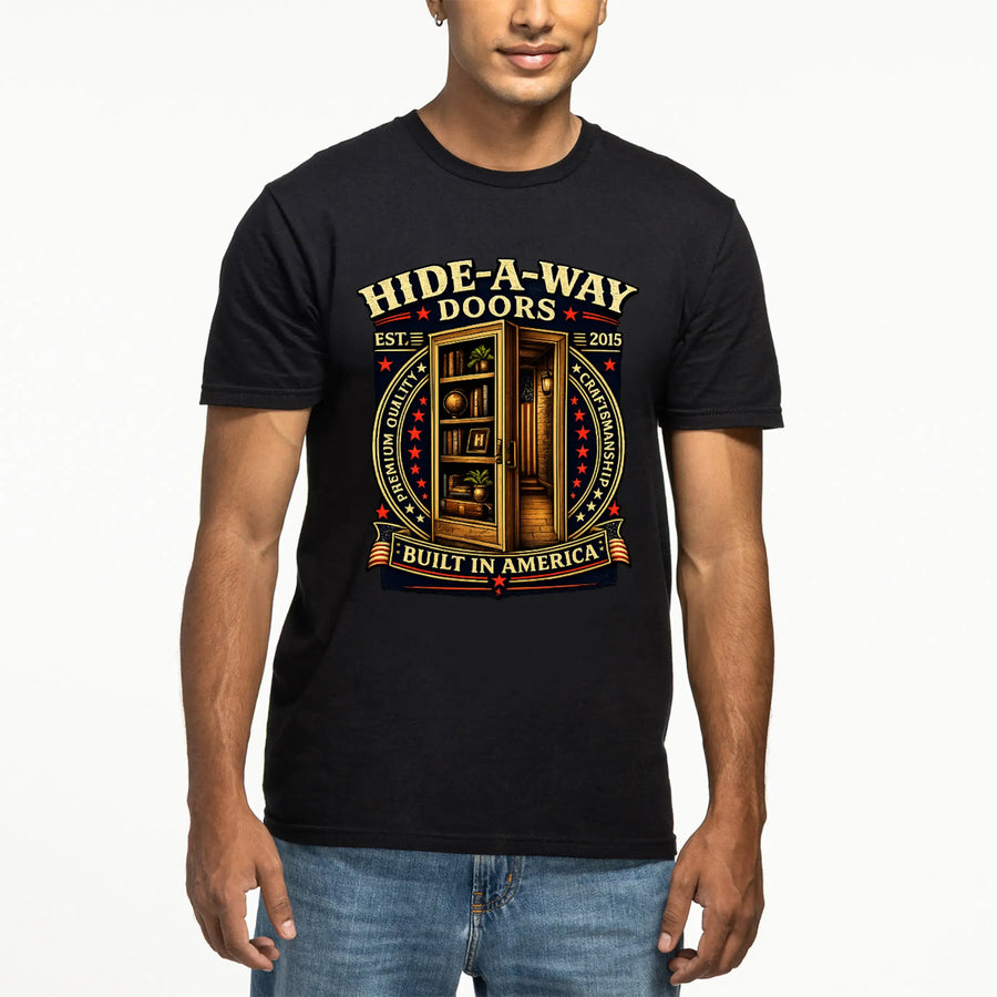 Person wearing a black t-shirt with 'Hide-A-Way Doors' graphic design.