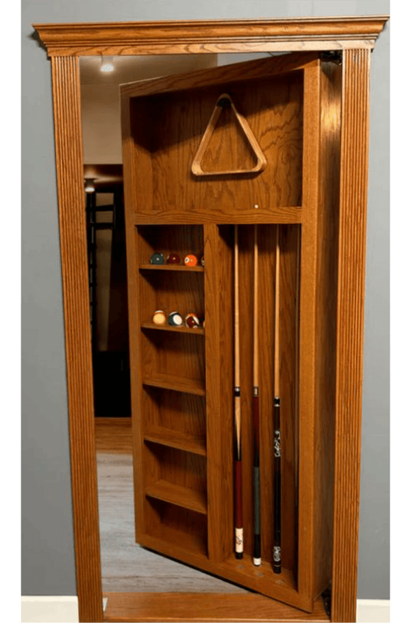 Pool cue hidden bookcase door