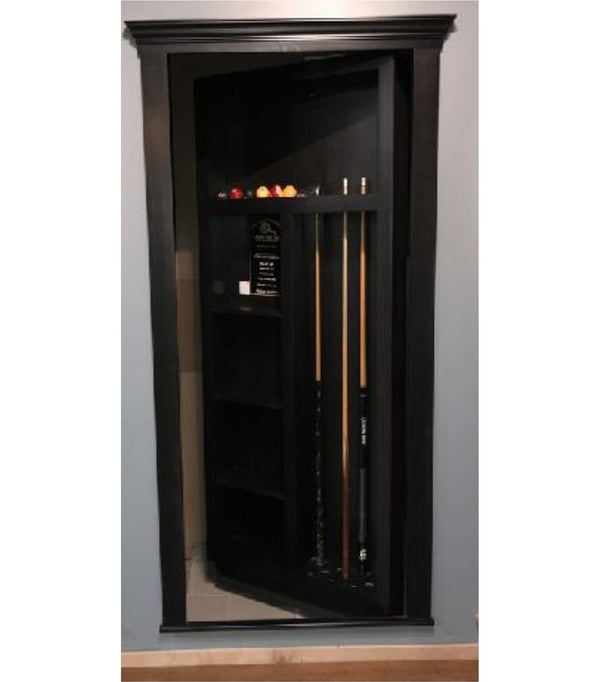 Totally concealed pool cue rack hidden door