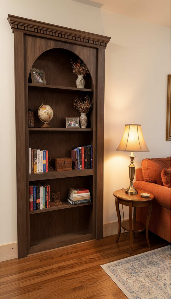 Hidden bookcase door with arched top frame