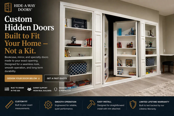 Hide-A-Way Doors hero image of a custom build hidden door wall unit painted white