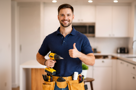 Man in a blue shirt with a tool belt and drill, giving a thumbs up indoors.