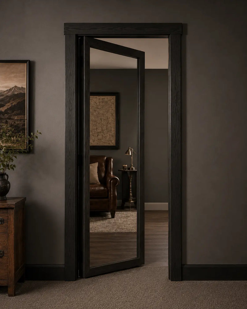 Full length bookcase mirror door with dark trim