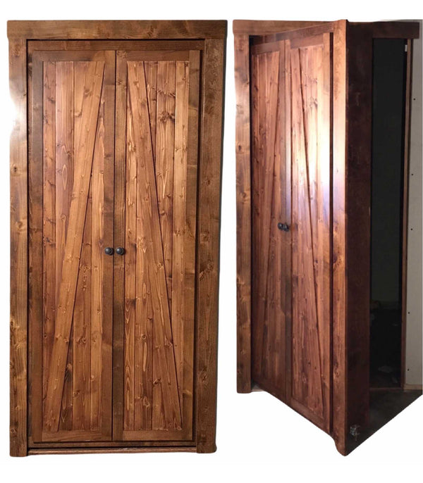Hidden bookcase door with country style full length cabinet doors