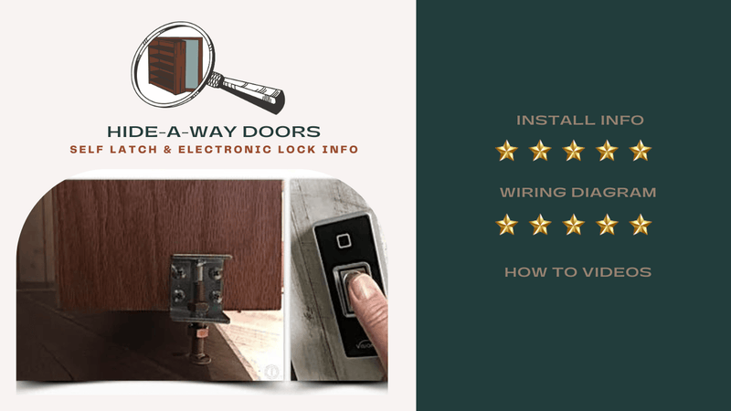 Hide-A-Way Doors product with self-latch and electronic lock features, accompanied by install info and rating icons.