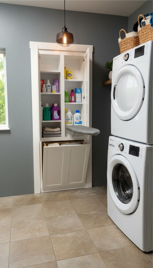 Ironing board and hamper hidden bookcase door in laundry room