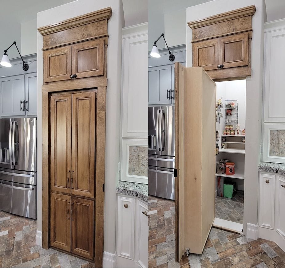 Finished hidden bookcase door shown closed in a kitchen