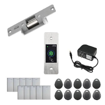 Access control system components including a lock, fingerprint reader, power supply, and fobs on a white background.