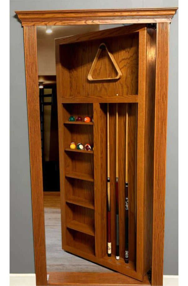 Hidden pool cue rack door – open view