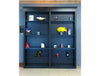 Black wooden bi-fold bookcase door with multiple shelves displaying books and decorative items