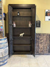 Dark wood double sided hidden door by Hide-A-Way-Doors with open shelves inside for storage