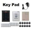 Electronic strike controller for hidden doors with keypad, press button, power adapter, and multiple key fobs