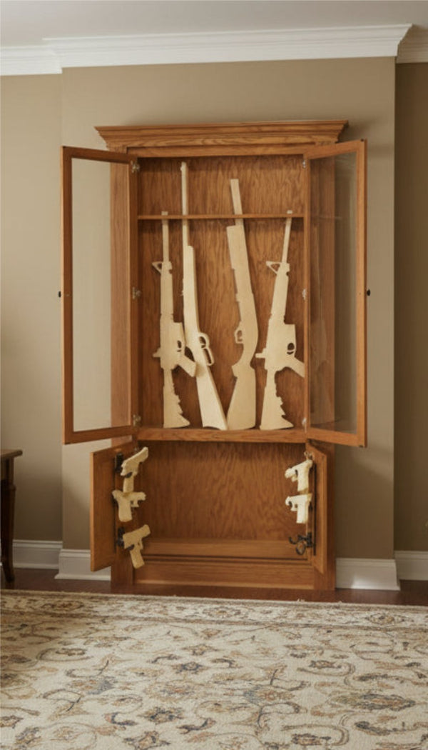 Hidden bookcase door with gun storage