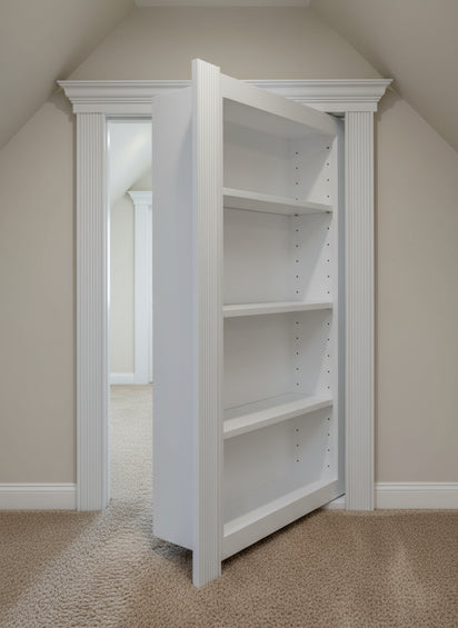 White Hide-A-Way-Doors hidden attic doors with built-in shelving and decorative trim