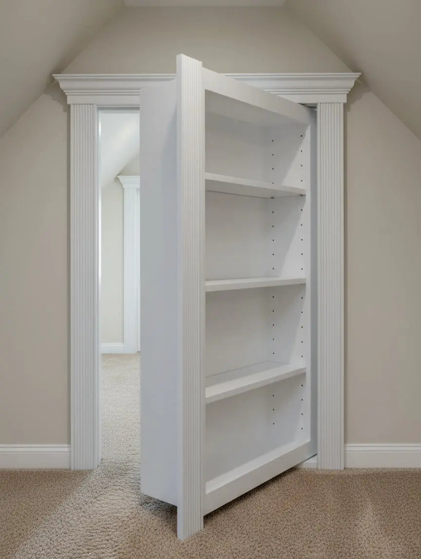 Small white hidden bookcase door for attic access