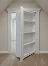 White Hide-A-Way-Doors hidden attic doors with built-in shelving and decorative trim