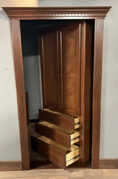 Bedrooom oranizer door with drawers and dark stain