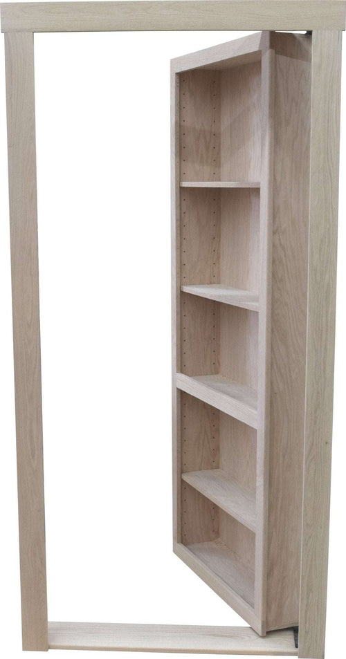 Unfinished wooden hidden bookcase door with adjustable shelves for concealed storage