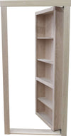 Unfinished wooden hidden bookcase door with adjustable shelves for concealed storage