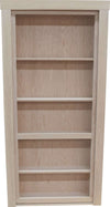 Unfinished wooden hidden bookcase door with multiple shelves for secret storage
