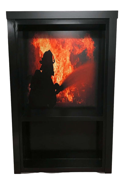 Hide-A-Way-Doors hidden door with printed background showing firefighter silhouette in front of flames