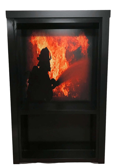 Hide-A-Way-Doors hidden door with printed background showing firefighter silhouette in front of flames