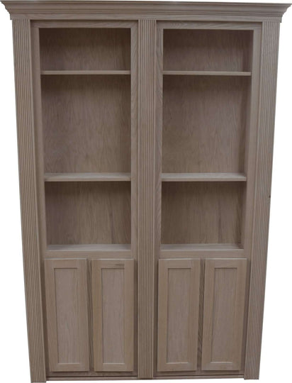 Hide-A-Way-Doors hidden French door bookshelf made of light wood with multiple shelves and paneled doors