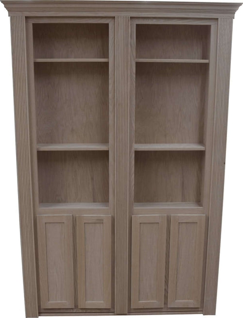 Hide-A-Way-Doors hidden French door bookshelf made of light wood with multiple shelves and paneled doors
