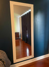 Hide-A-Way Doors hidden mirror door mounted on dark blue wall reflecting room with wooden floor
