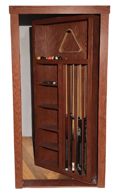 Hide-A-Way-Doors wooden hidden pool cue door with shelves and storage for billiard accessories