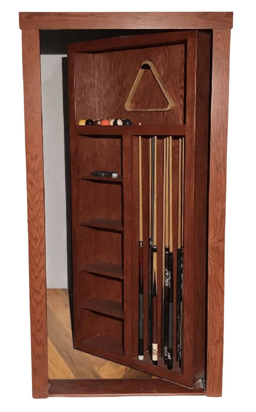 Hide-A-Way-Doors wooden hidden pool cue door with shelves and storage for billiard accessories