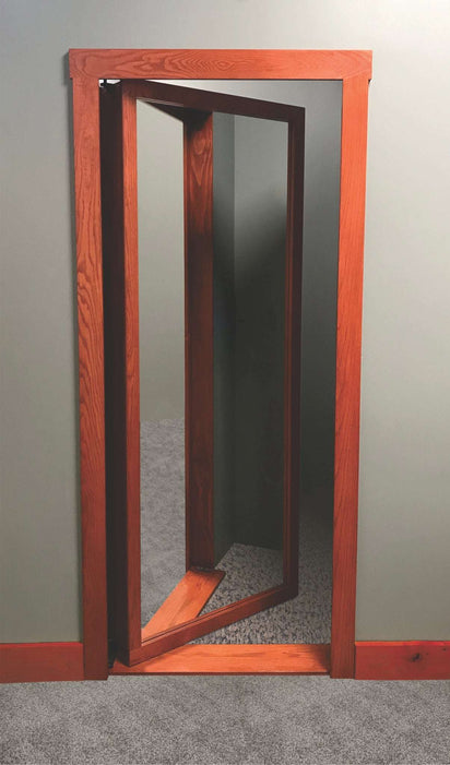 Mirror bookcase hidden door by Hide-A-Way-Doors with wooden frame and reflective surface