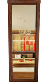 Hide-A-Way-Doors mirror bookcase hidden door with wooden frame reflecting living room interior