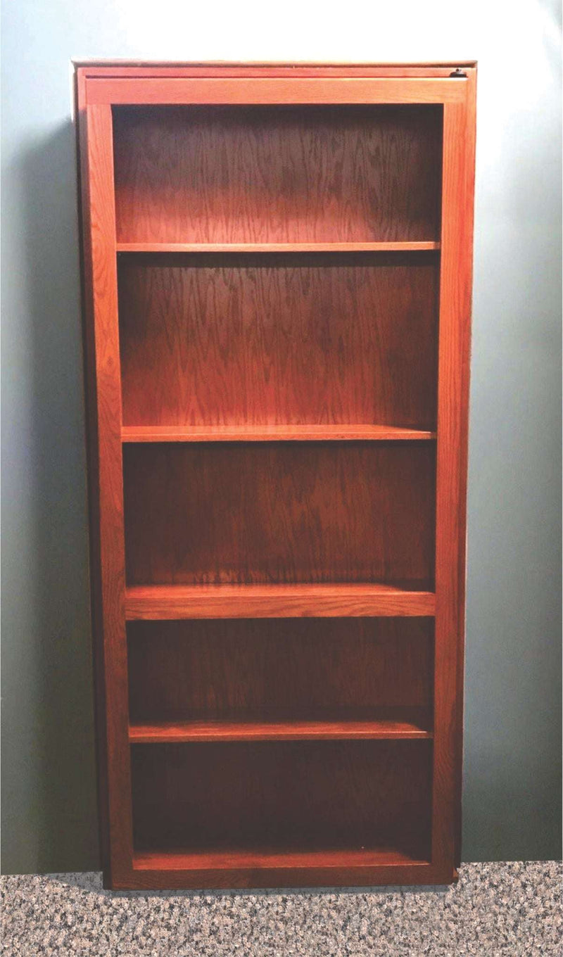 Rear bookcase face of the Mirror Bookcase Hidden Door with adjustable shelving