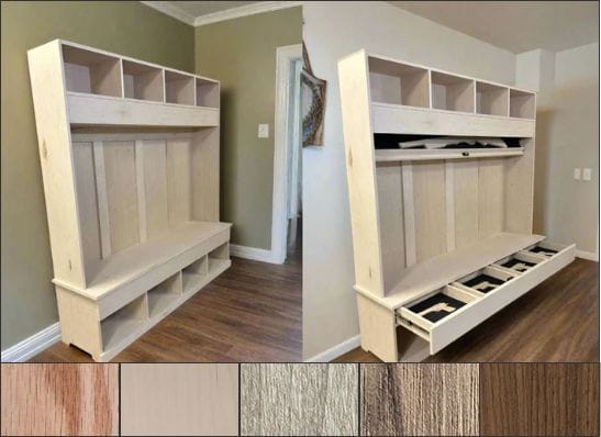 Tactical Hall Tree shown with storage areas open and closed