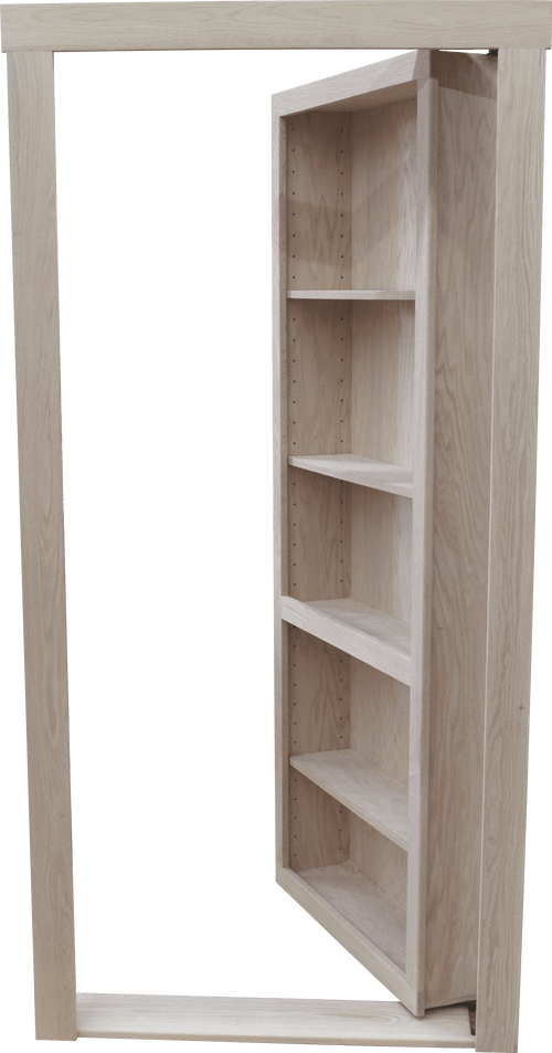 Red oak bookcase door by Hide-A-Way Doors with hidden shelving and smooth light wood finish