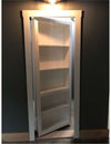 White wooden hidden bookcase door installed in dark wall with shelves inside