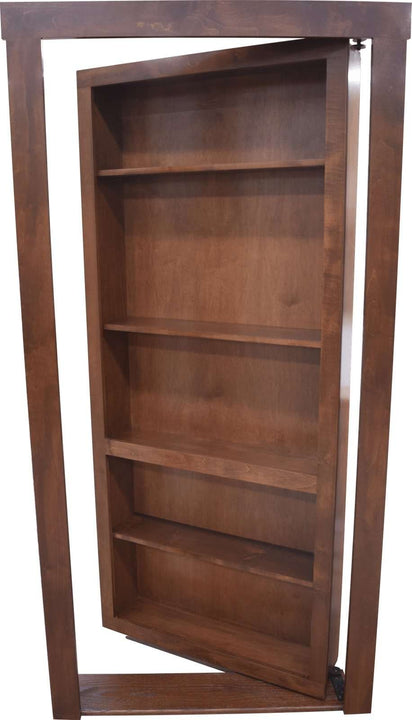Hide-A-Way-Doors wooden hidden bookcase door with shelves open showing interior storage