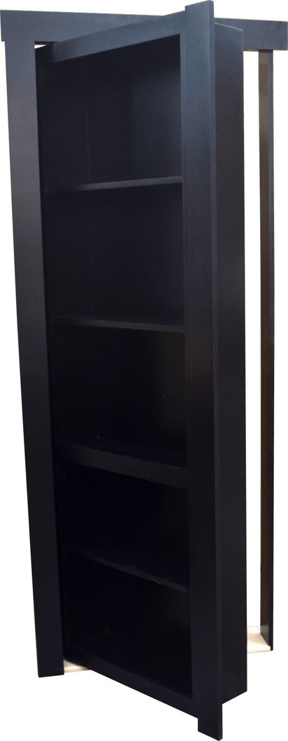 Black wooden hidden bookcase door with multiple shelves by Hide-A-Way-Doors