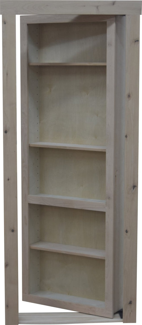 Hidden bookcase door knotty alder made by Hide-A-Way-Doors with multiple shelves for storage