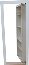 White hidden bookcase door with adjustable shelves by Hide-A-Way-Doors partially open