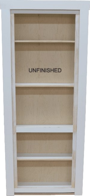 Unfinished wooden hidden bookcase door by Hide-A-Way-Doors with multiple shelves