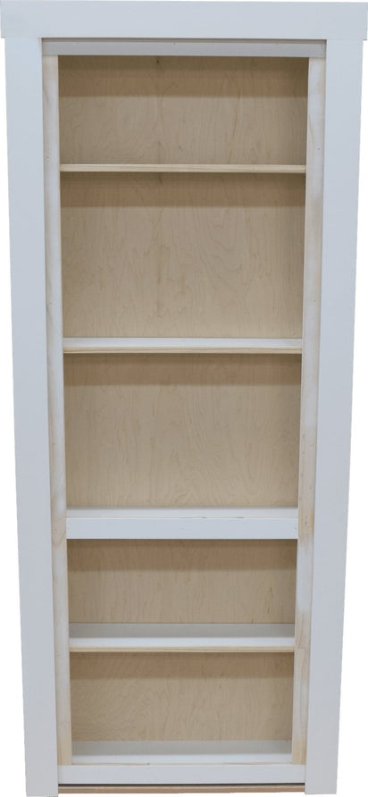 Hide-A-Way-Doors white wooden hidden bookcase door with five shelves and simple design