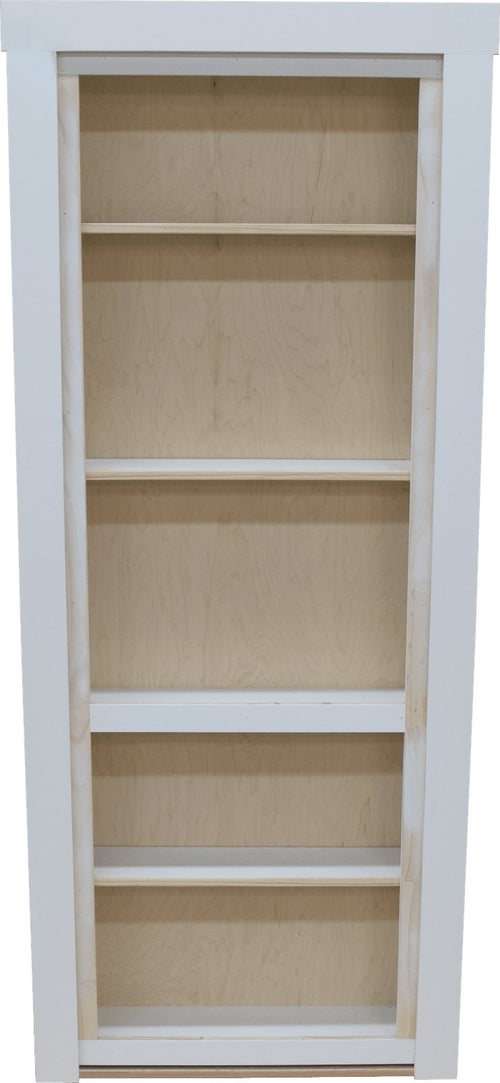 Hide-A-Way-Doors white wooden hidden bookcase door with five shelves and simple design