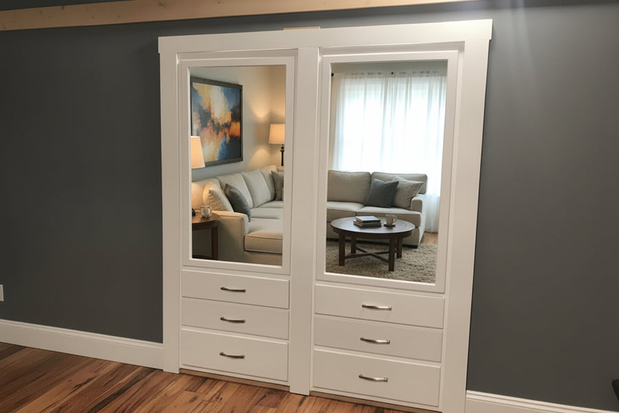 White hidden closet organizer door by Hide-A-Way-Doors with mirror panels and drawer handles
