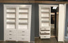 White hidden closet organizer door with shelves and drawers by Hide-A-Way-Doors shown closed and open