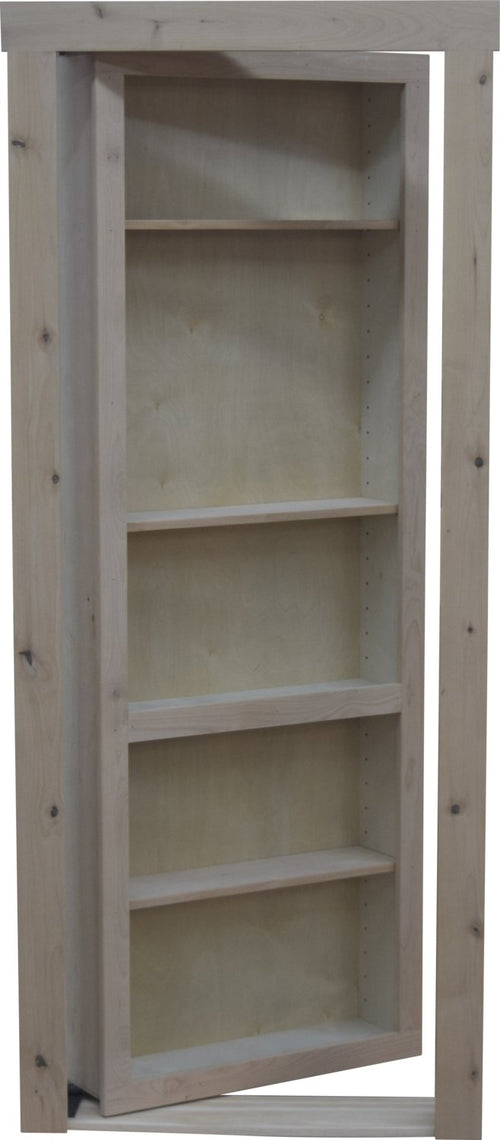 Hide-A-Way Doors hidden door bookcase knotty alder with multiple shelving compartments